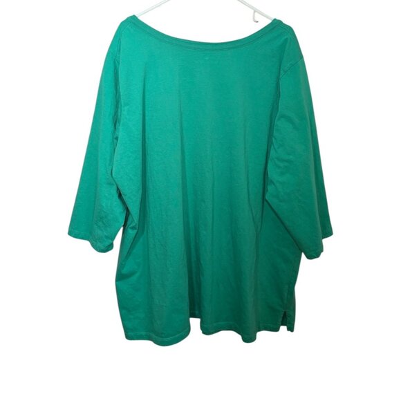 Woman Within 3X Green Cotton 3/4 Sleeve V-Neck Tunic Top Button Details Comfort - Picture 4 of 5